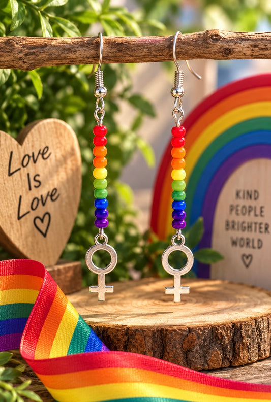 Rainbow Bead Earrings w Female Symbol