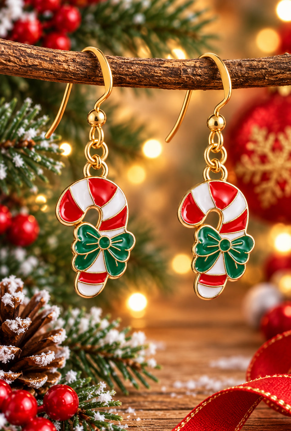 Xmas Candy Cane Ribbon Earrings