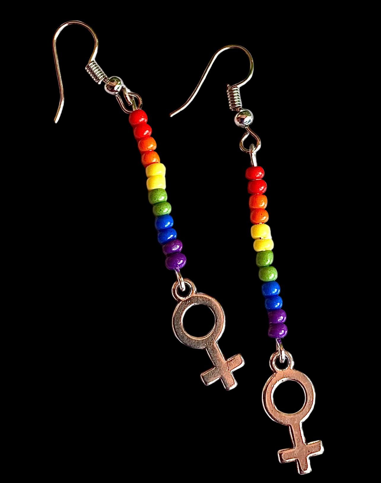 Rainbow Bead Earrings w Female Symbol