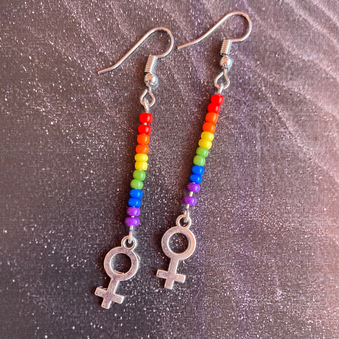 Rainbow Bead Earrings w Female Symbol