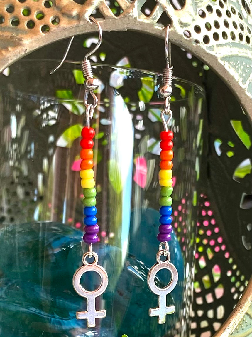 Rainbow Bead Earrings w Female Symbol